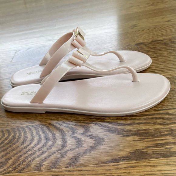 Michael Kors blush pink bow jelly thong flip flop sandal gold logo in size 7 - Picture 9 of 12
